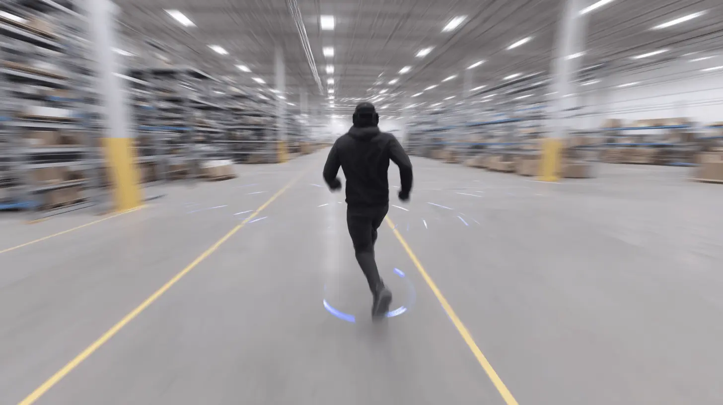 Person running in warehouse training simulation